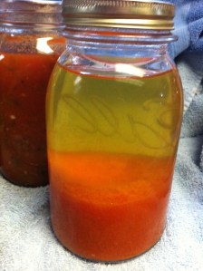 When the jars cool you will notice that the water separates from the tomato pulp part. This is okay. When ready to use, just give a little shake to mix it back up.